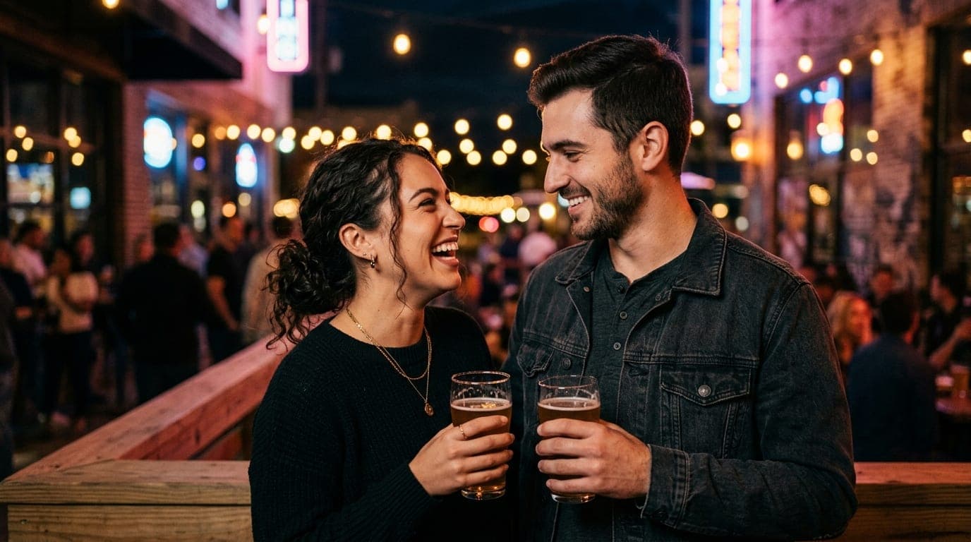 A couple stands at The Joinery’s outdoor patio at night, holding craft beer glasses. Soft string lights bokeh in the backg...