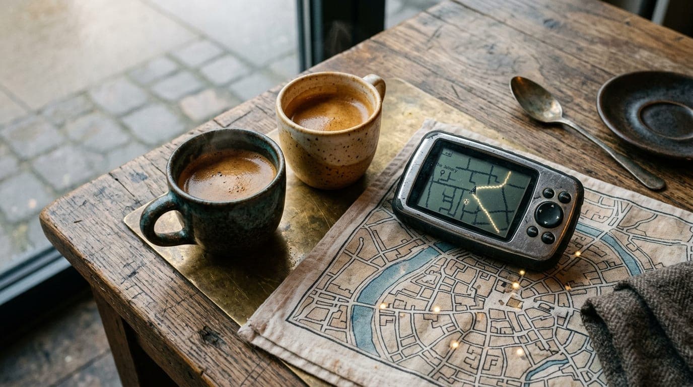 Overhead flat-lay of two artisan espresso cups and a vintage digital map on a rustic wooden table at The Joinery, illumina...