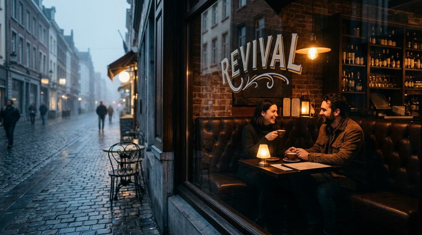 A wide establishing shot from the sidewalk shows a couple sitting in a deep leather booth at Revival. Warm tungsten light...
