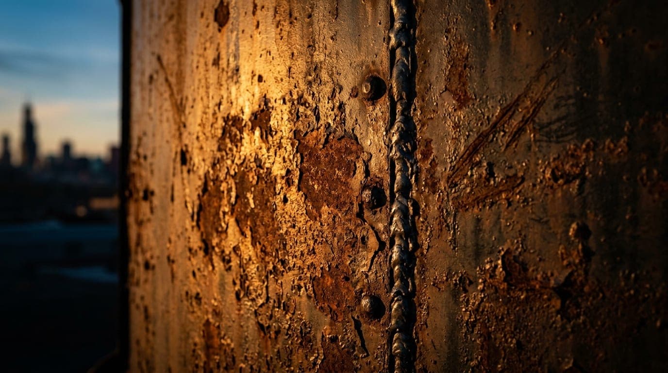 Extreme macro shot of weathered, golden-hour light reflecting off the rusted metal textures of a local industrial brewery...