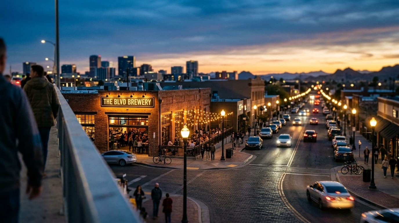 Tilt-shift perspective overlooking The Blvd at blue hour. Sharp focus on the glowing, industrial brick facade of a local b...
