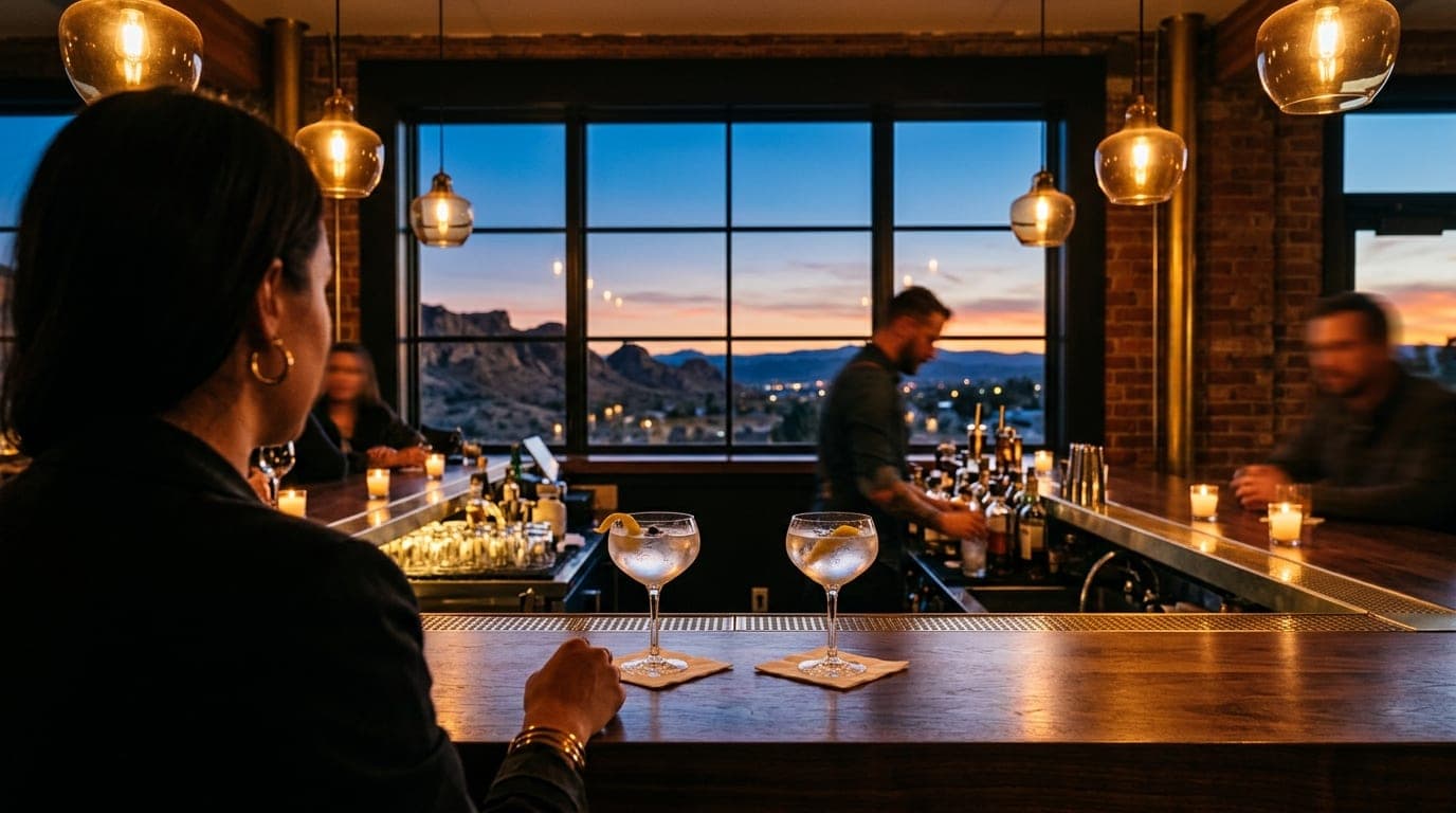 Over-the-shoulder view at a sleek Lancaster bar; two half-poured gin cocktails sit on the dark wood counter, reflecting a...