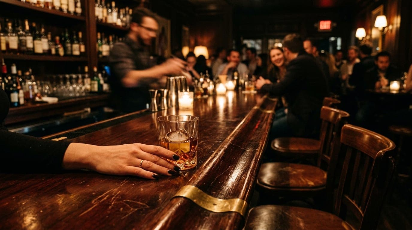 A low-angle hero shot of a polished mahogany bar at a crowded Lancaster lounge. A single woman’s hand rests firmly beside...