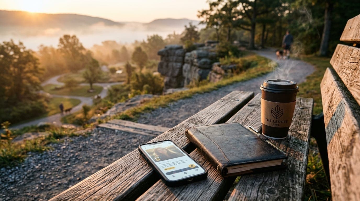 Golden hour light spills across a worn wooden park bench at the Ledges, highlighting a smartphone displaying a Bumble prof...
