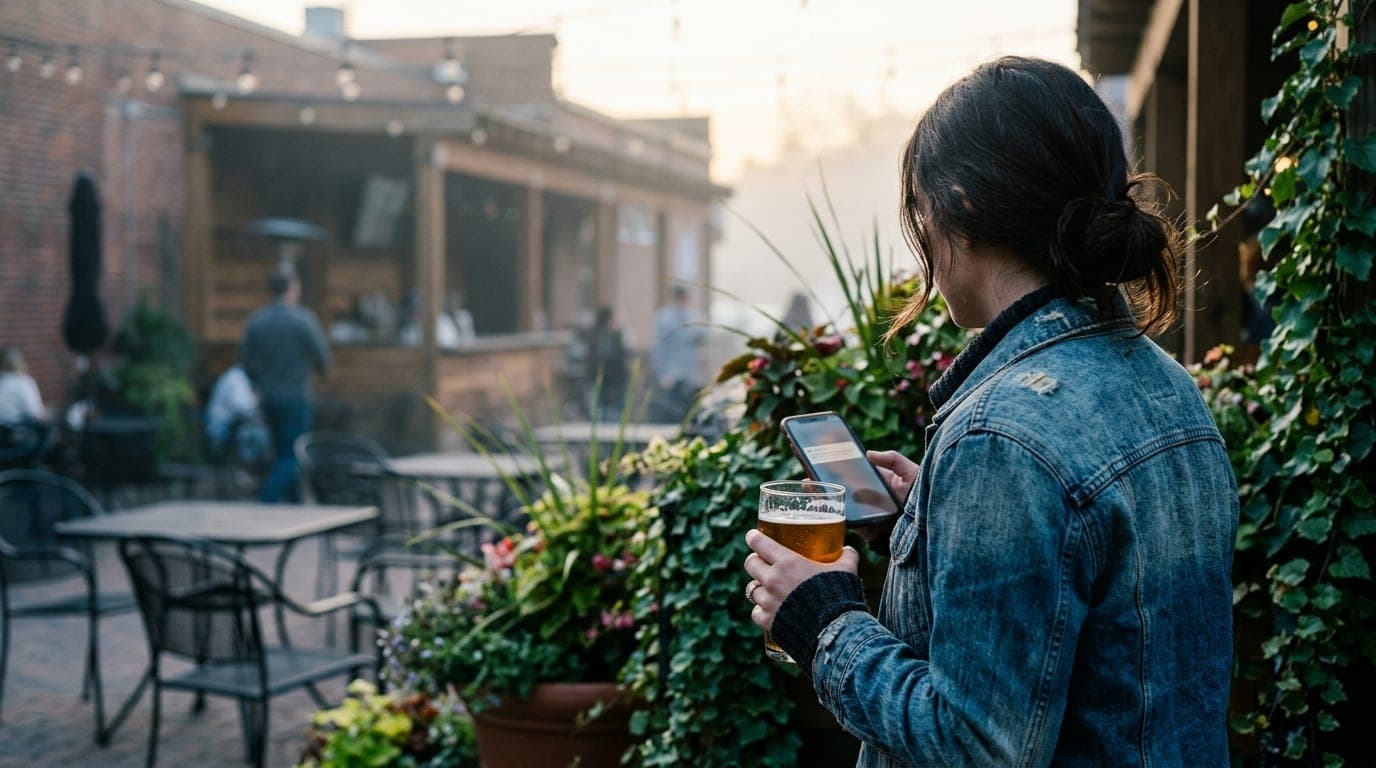 Blue hour settles over the Horrocks beer garden. A woman in a denim jacket stands offset right, holding a craft pint near...