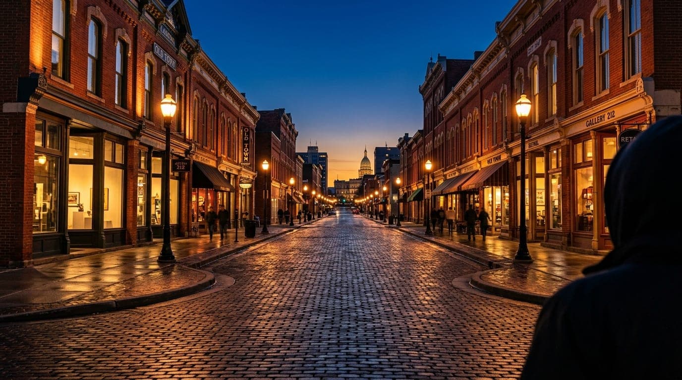 The historic red-brick storefronts of Old Town Lansing under a deep twilight sky, captured with a 24mm wide-angle lens, ce...