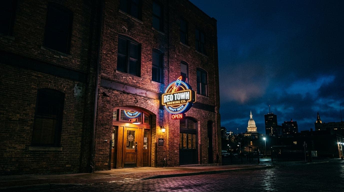 The neon sign of a REO Town craft brewery flickers against the industrial brick facade at midnight. A low-angle shot captu...