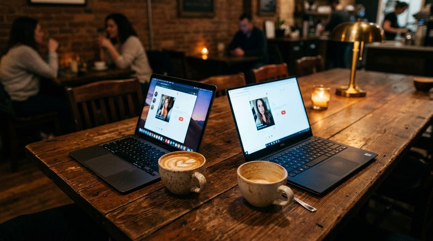 Tilt-shift selective focus on two open laptops and half-finished lattes at a communal table inside a dimly lit REO Town co...