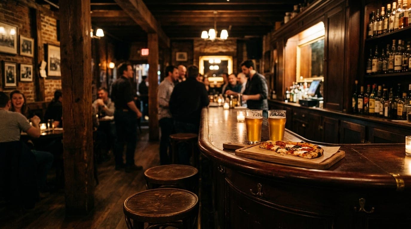 A wide 35mm shot inside a dimly lit Old Town tavern. Two empty stools at the mahogany bar face half-poured craft beers, wi...