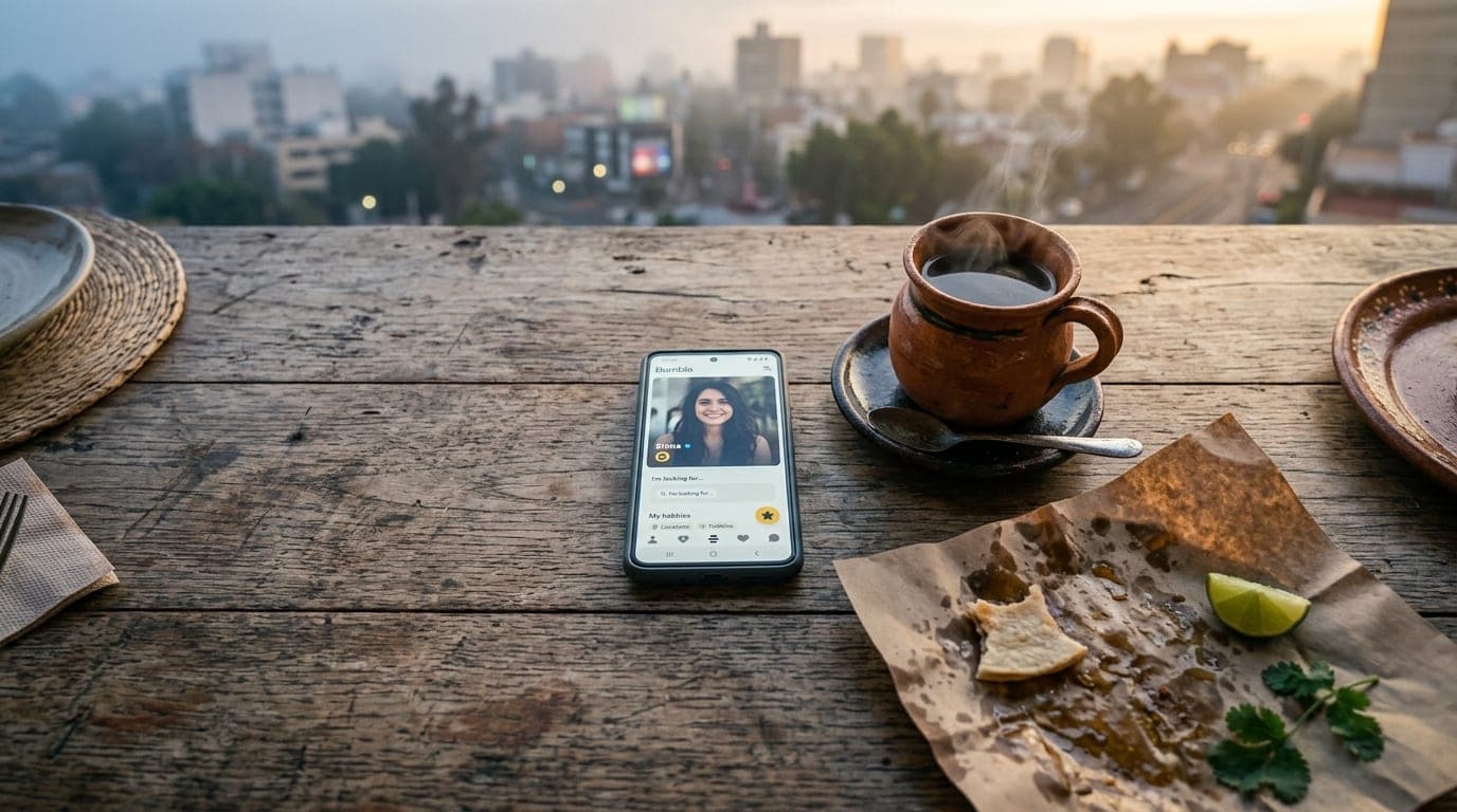 A top-down view of a rustic wooden table featuring an open smartphone displaying a Bumble profile, a steaming cup of cafe...