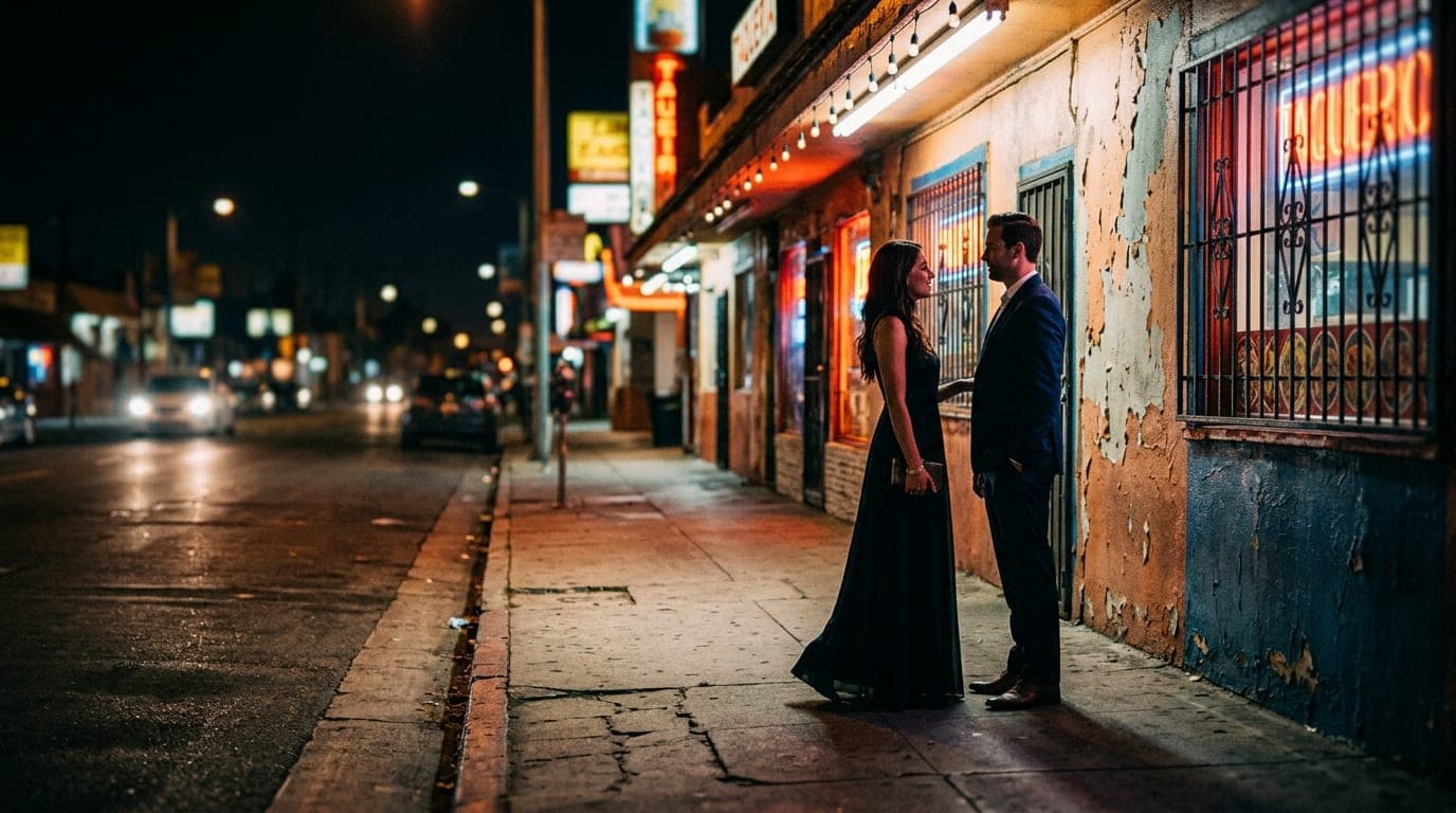 Low-angle hero shot of a couple in formal evening wear standing on a sidewalk outside a San Bernardo Avenue taqueria, midn...