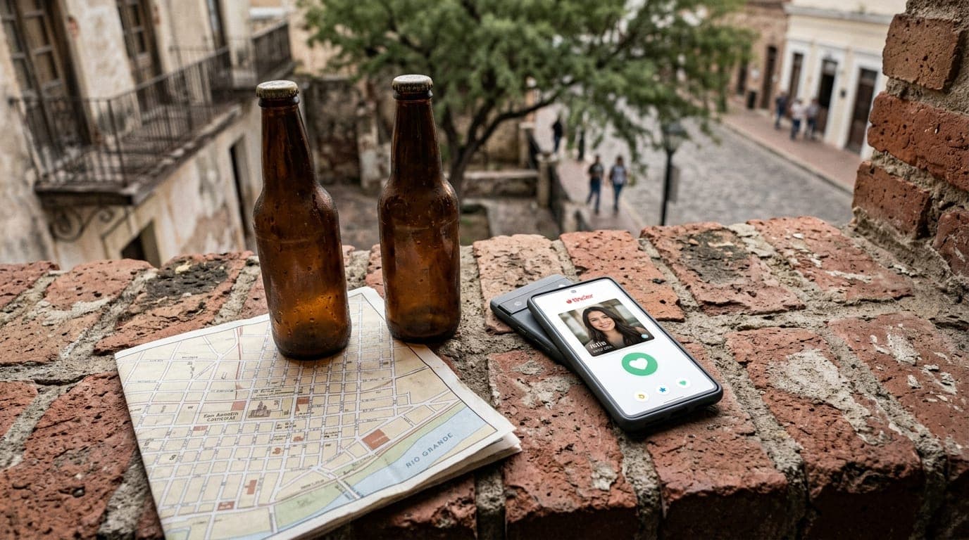 Overhead flat-lay on a weathered brick ledge in the historic district. An open smartphone displaying a Tinder match sits b...