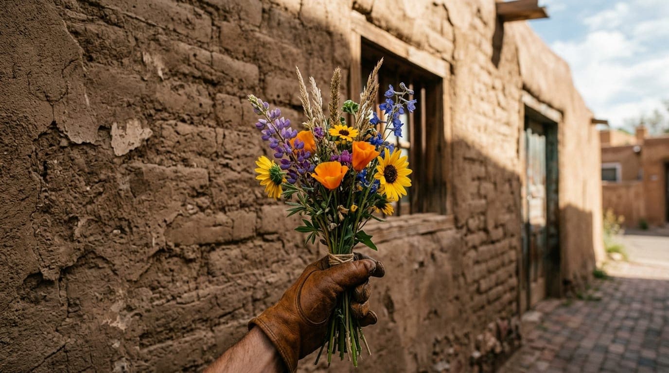 A close-up 50mm shot at noon. A leather-gloved hand holds a vibrant bouquet of fresh desert wildflowers near a weathered a...