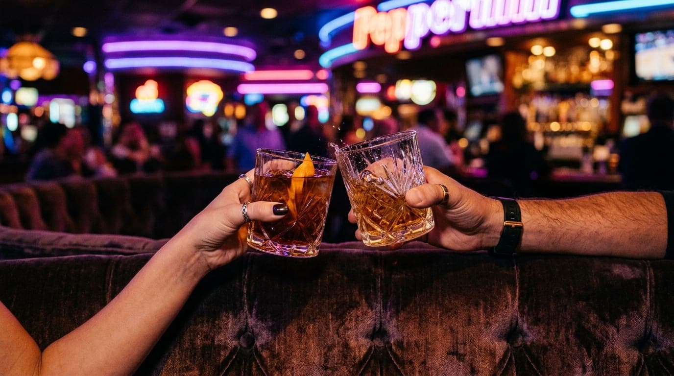 A tight, 100mm macro shot captures two crystal cocktail glasses clinking on a dark, velvet-tufted booth at the Peppermill....