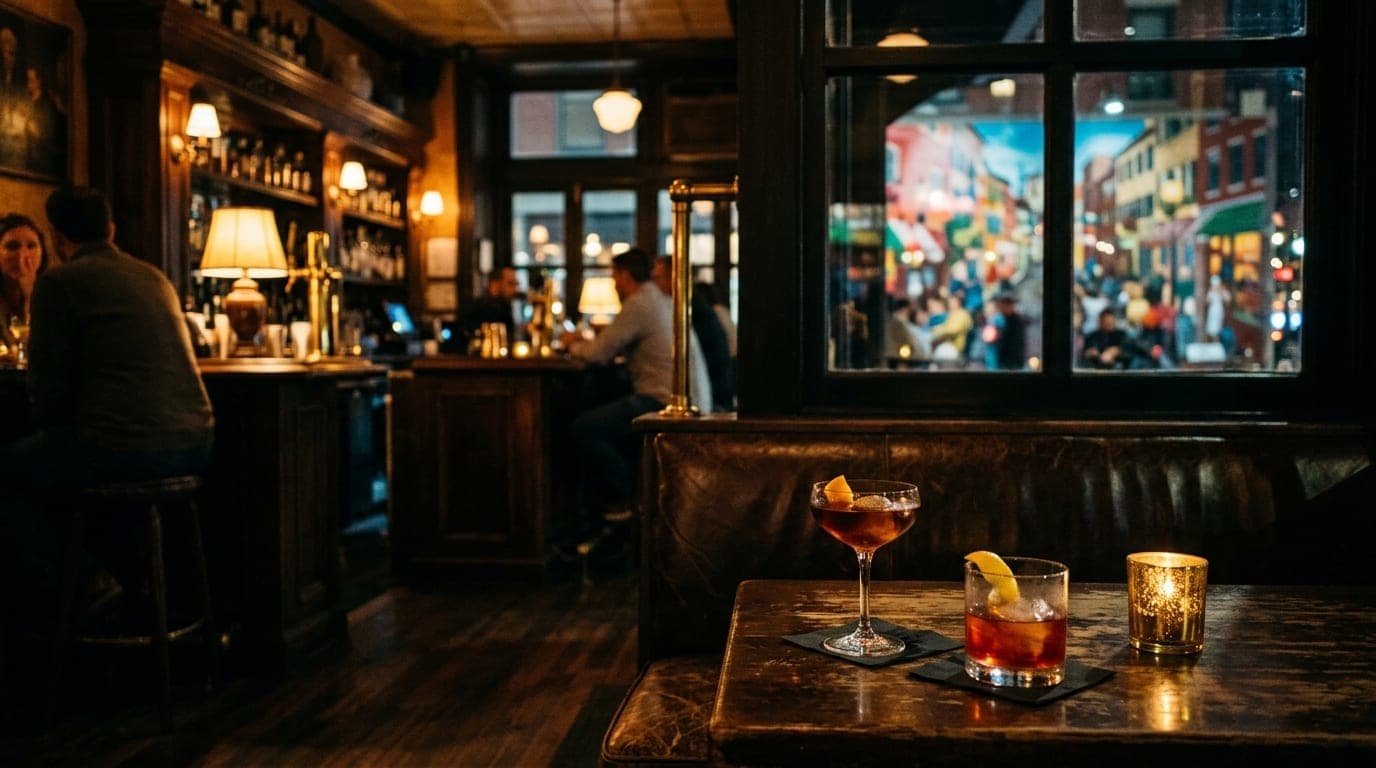 A wide shot of a dimly lit North End cocktail bar, two half-finished craft cocktails resting on a distressed leather booth...