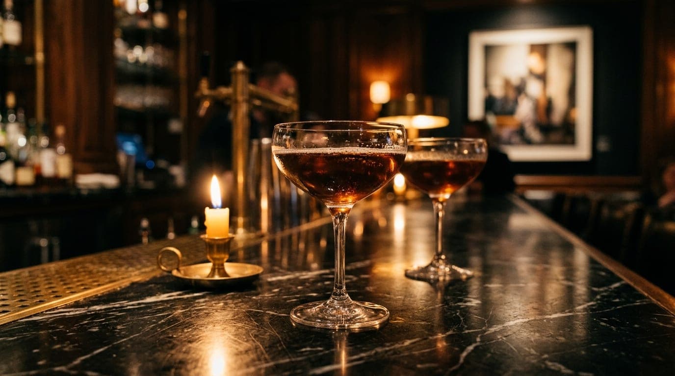A medium shot at the 21c Museum Hotel bar. Two pristine, half-filled coupe glasses sit on a polished marble counter, refle...