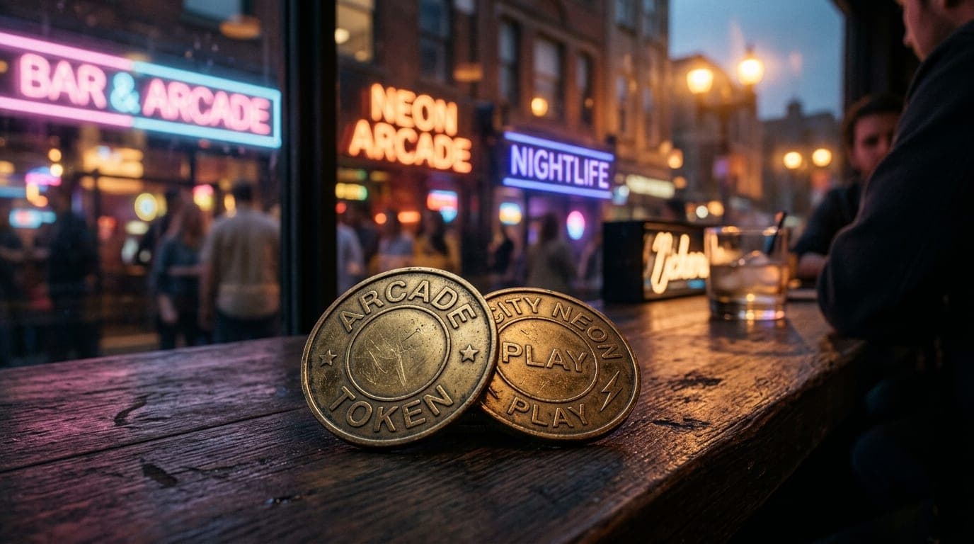 A 100mm macro shot, blue hour, focusing on two vintage arcade tokens resting on a dark wood bar top. Beyond, blurred neon...