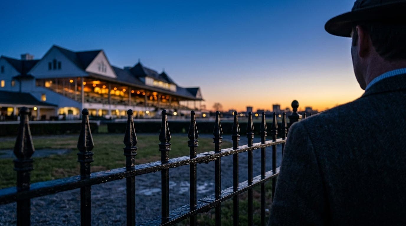 The Keeneland grandstand’s iconic white gables glow under a deep indigo sky at dusk, softly blurred in the background, pos...