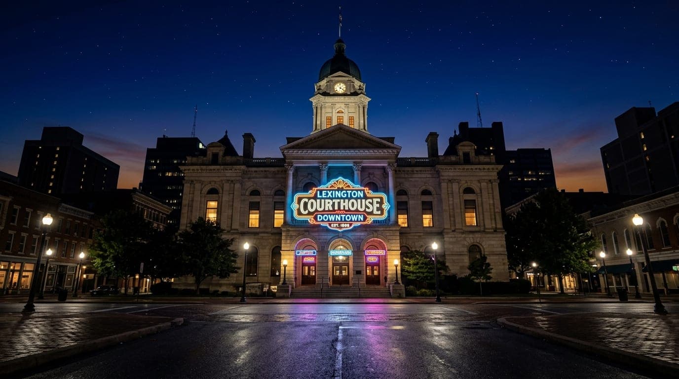 A low-angle, 24mm wide-angle shot of the glowing neon signs of the downtown Lexington courthouse exterior at midnight, cap...