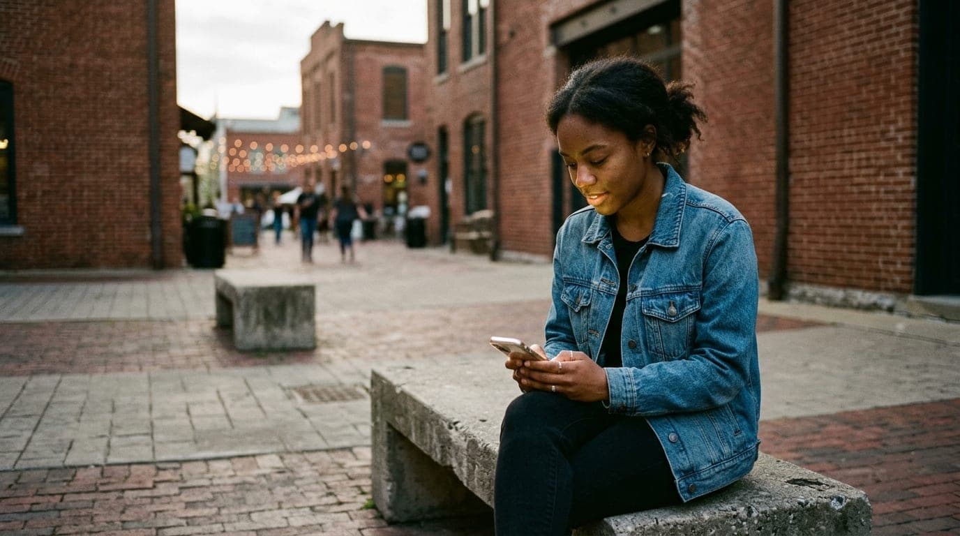 A 35mm documentary shot of a woman in a denim jacket sitting on a concrete bench at Lexington’s Distillery District, holdi...