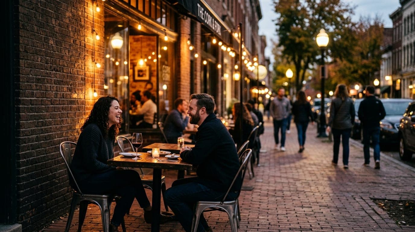 A couple sits at an outdoor bistro table on Jefferson Street at twilight. An 85mm portrait captures them offset left, back...