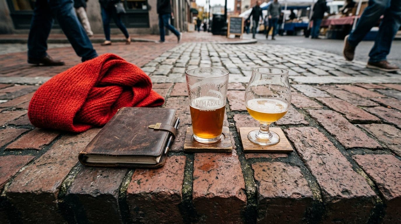 An overhead flat-lay on a weathered Haymarket brick sidewalk shows a scarlet wool scarf, a leather datebook, and two half-...