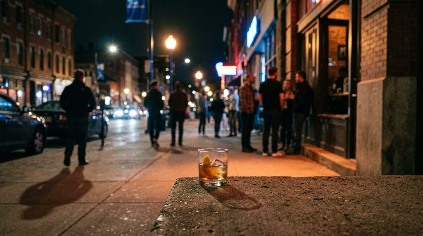 A wide, 50mm shot of a glowing 14th Street sidewalk at night. A lone, half-full cocktail glass sits on a concrete ledge in...
