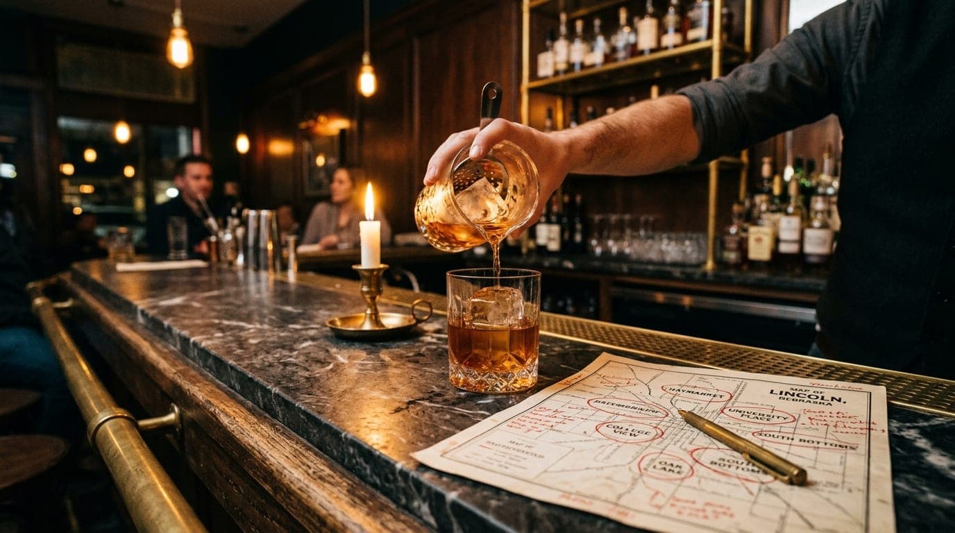 Medium shot of a dimly lit Lincoln cocktail bar. A half-poured amber drink rests on a marble counter beside a physical map...