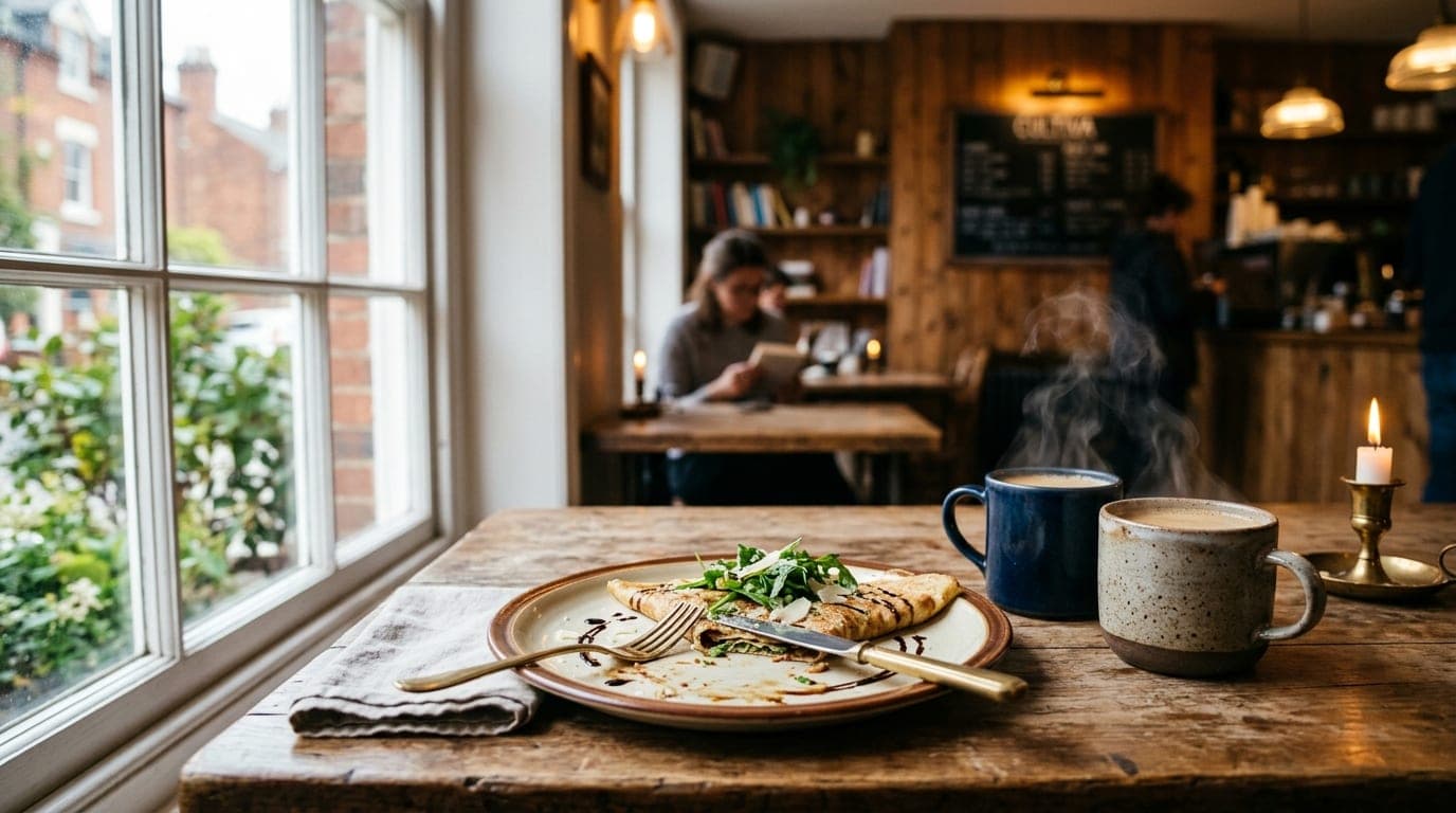 A close-up, 35mm shot inside Cultiva Coffee. A half-eaten crepe on a ceramic plate sits beside two steaming mugs on a rust...