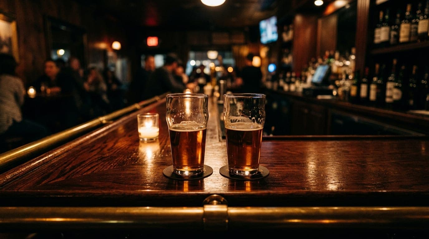 A low-angle shot of a polished mahogany bar at a Belmont Shore lounge. Two half-poured glasses of local craft beer sit cen...