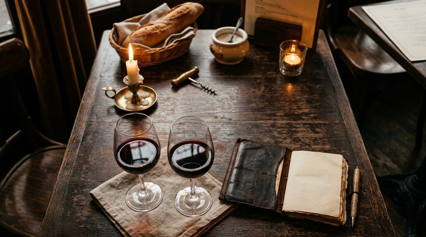 An overhead flat-lay of a small bistro table at Art Du Vin. Two half-poured glasses of red wine sit in the lower third, ne...