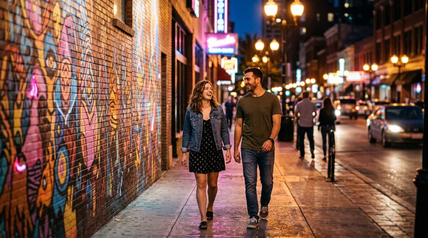 A couple laughs near a colorful 4th Street mural at night. Soft tungsten streetlights cast long shadows, blurring the city...