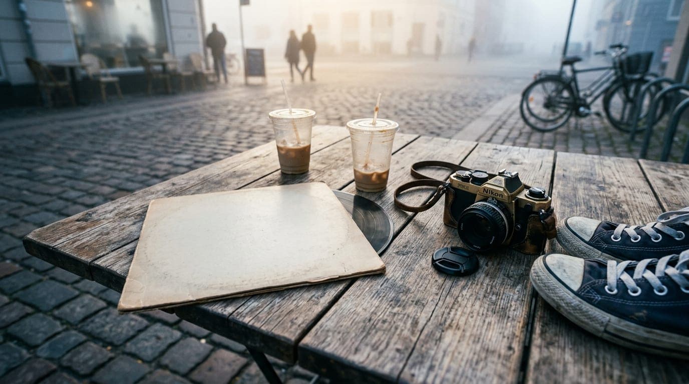 Overhead flat-lay on a weathered wooden cafe table: a vinyl record sleeve, two half-empty iced coffees in paper cups, and...