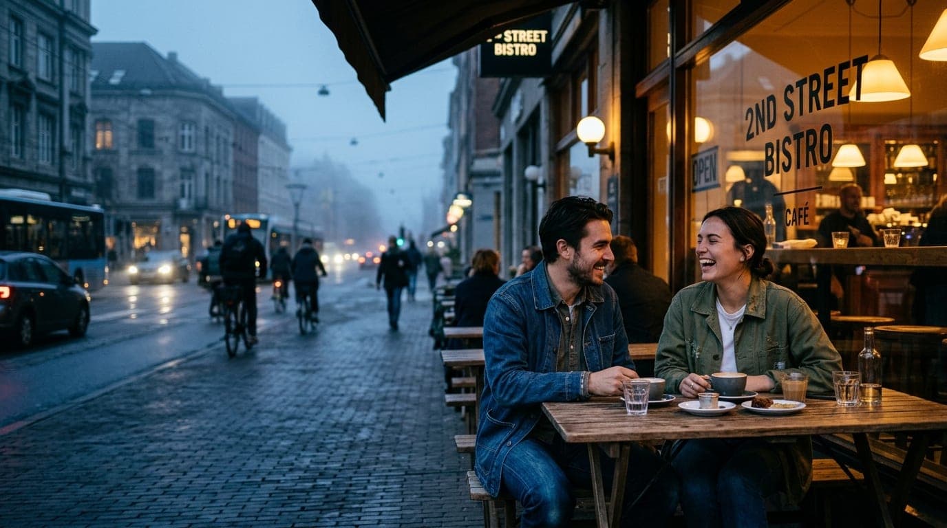 A couple in high-quality denim and vintage chore coats shares a laugh at a bustling 2nd Street bistro table, offset right,...