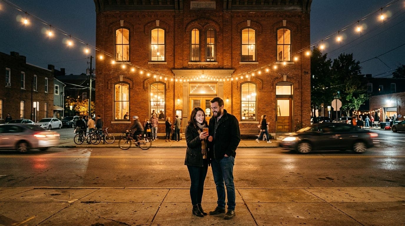 A wide, symmetric shot of a NuLu brick warehouse at night. A couple stands on the sidewalk under warm, glowing string ligh...