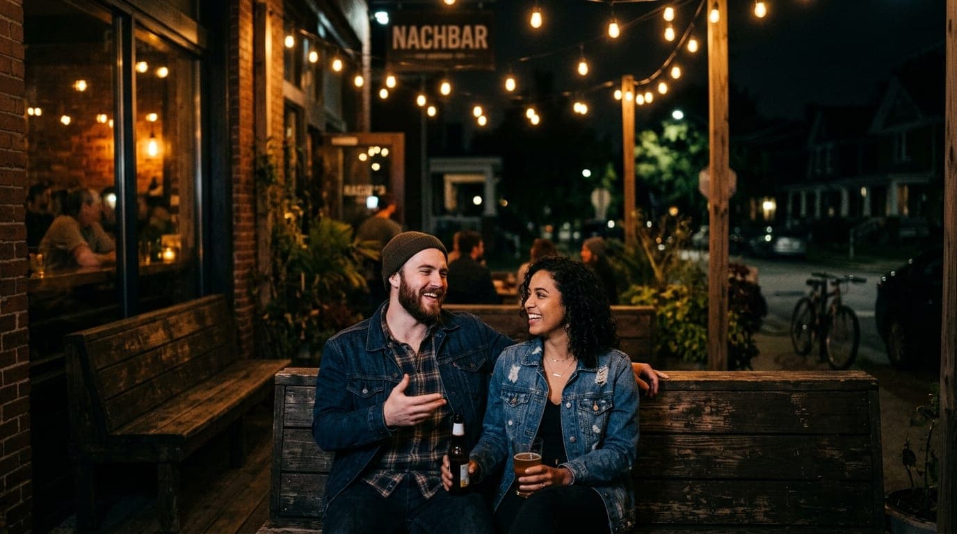 A couple in denim jackets sits on a wooden patio bench at Nachbar, illuminated by soft amber string lights. A dimly lit Ge...