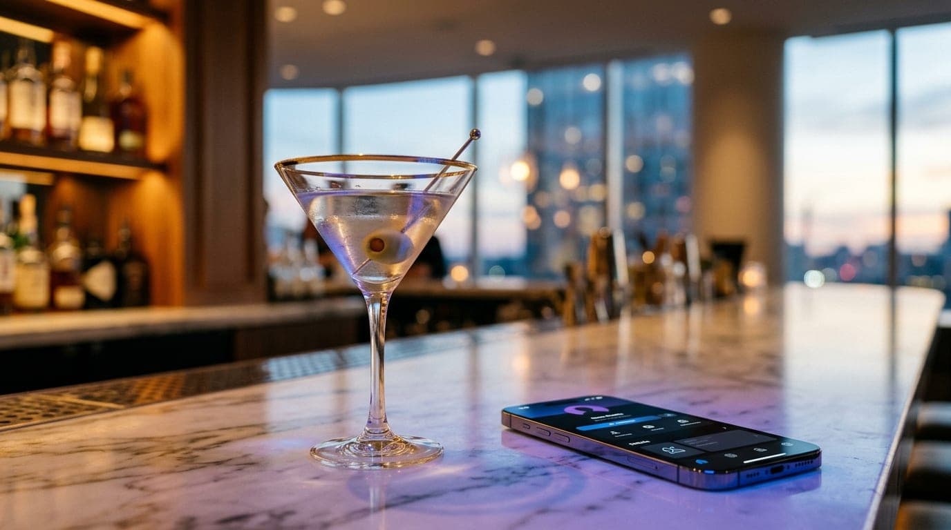 A vintage gold-rimmed martini glass filled with a single olive sits next to a glowing smartphone screen displaying a sleek...
