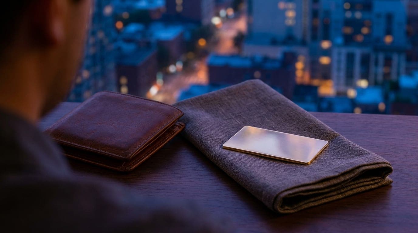 A crisp, folded linen napkin sits beside a luxury leather wallet. A single gold-plated membership card rests on the fabric...