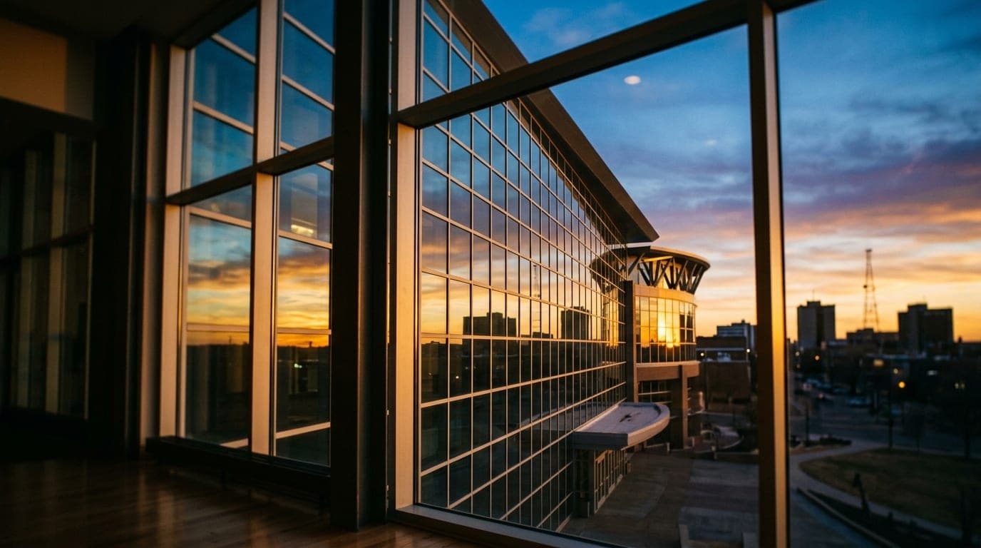 A close-up, tilt-shift view of the Buddy Holly Hall’s reflective glass facade at sunset. Natural light streams through a w...