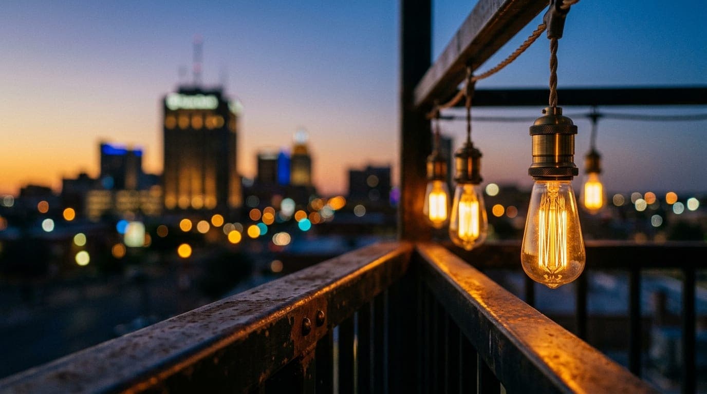 Extreme macro shot of glowing Edison bulbs hanging over the metal railing of an outdoor patio at dusk, with the blurred, s...