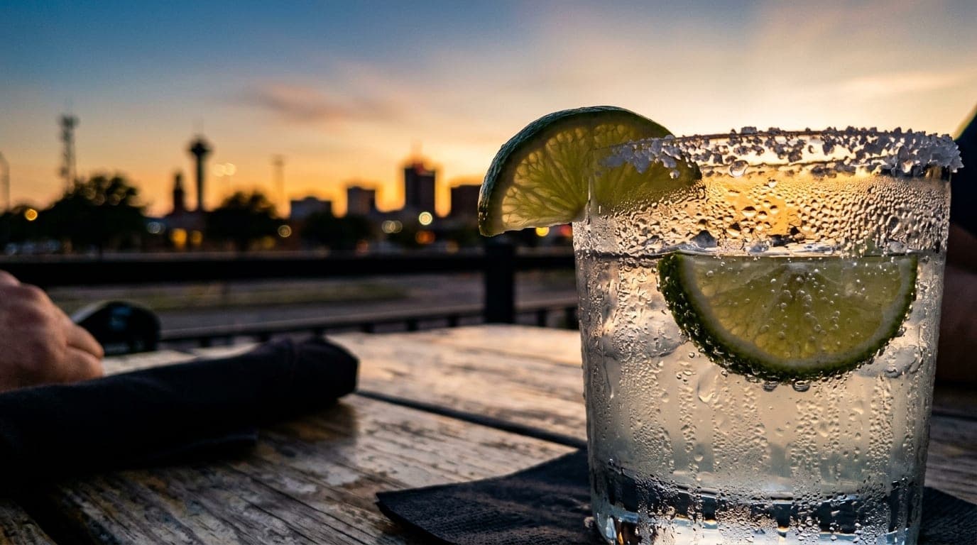 Extreme macro, 35mm documentary shot of a condensation-covered cocktail glass holding a lime wedge and salt rim, offset ri...