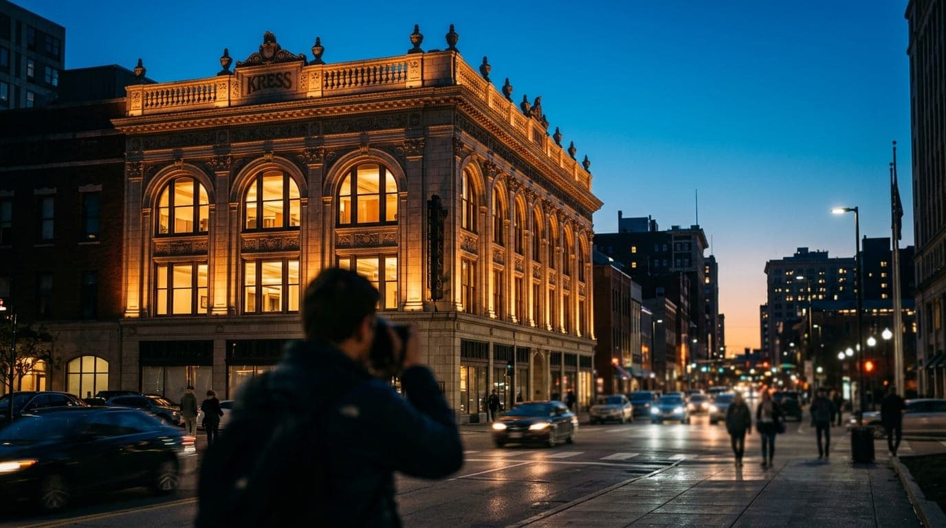 The ornate, illuminated stone facade of the historic Kress Building stands in the blue hour, captured with an 85mm lens. S...