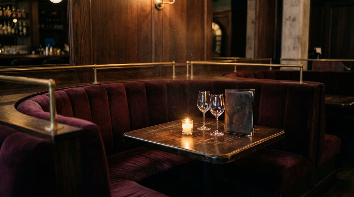 A medium shot of an empty velvet booth at The Nicolett, illuminated by a single flickering candle. Two crystal wine glasse...