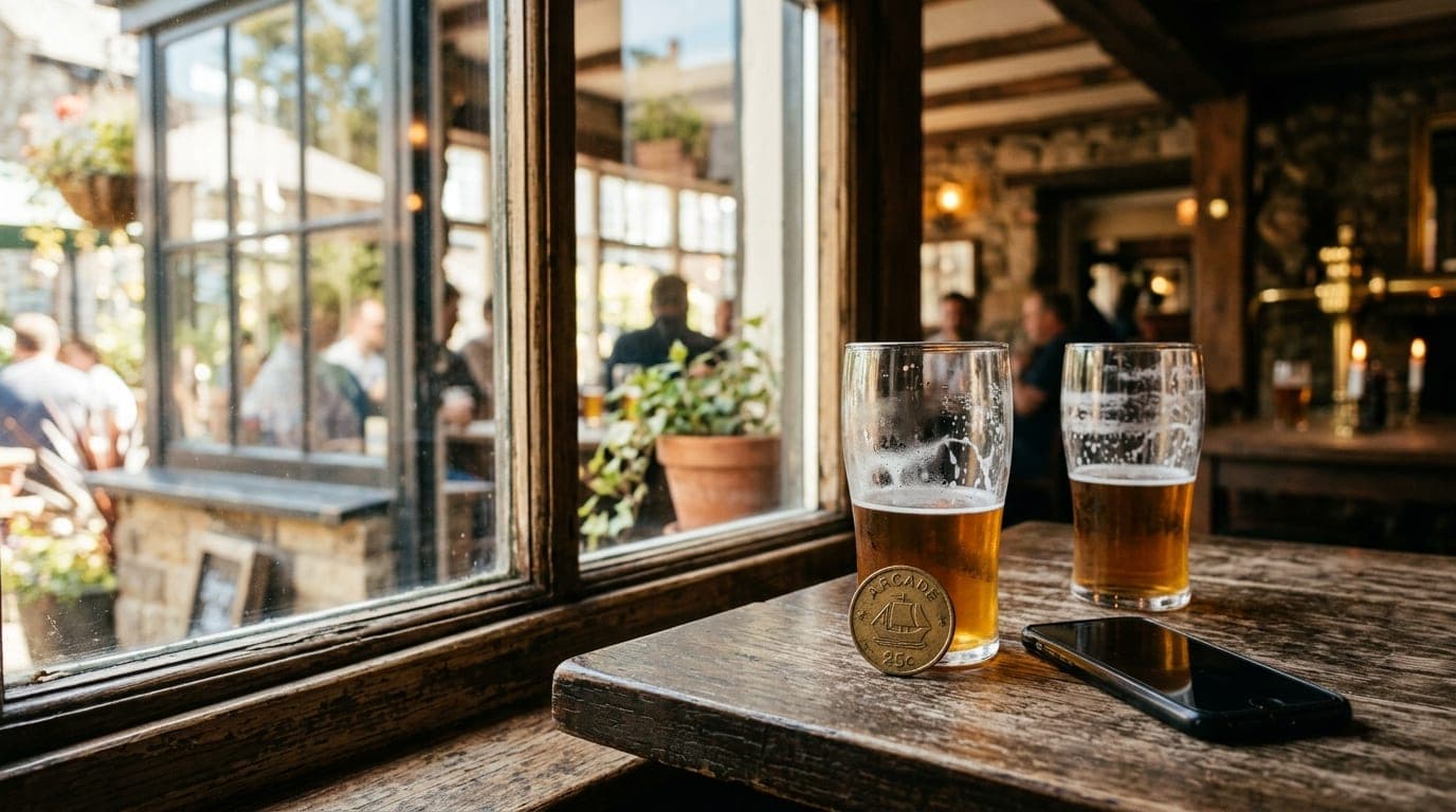 A sun-drenched wooden table at The Garden, featuring two half-empty pint glasses and a vintage arcade token resting beside...