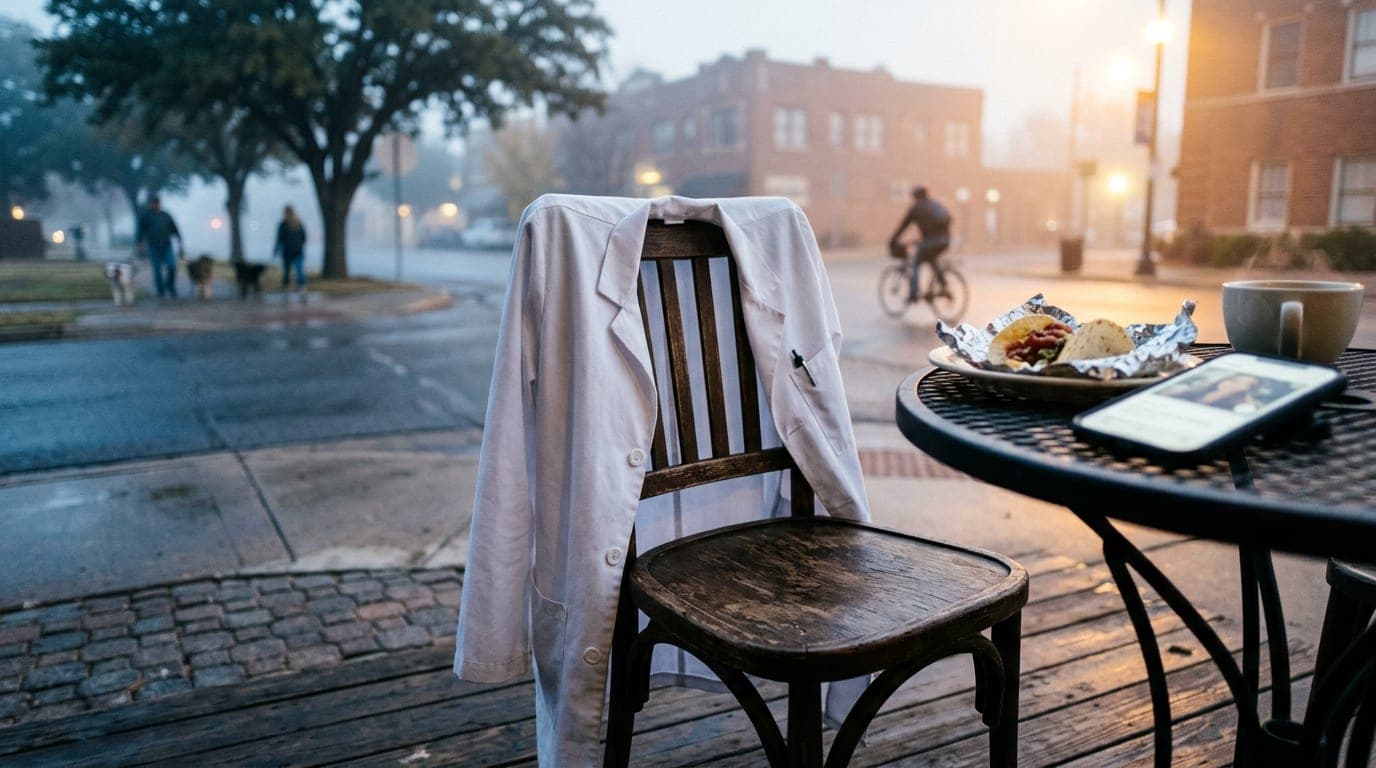 Low-angle hero shot of a doctor’s white coat draped over a café chair, a smartphone glowing with a Hinge profile beside a...