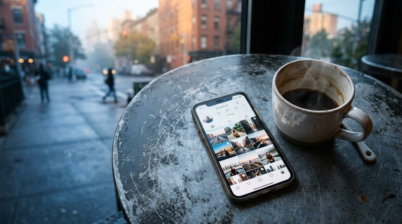 A 35mm documentary shot shows an iPhone displaying a professional Instagram profile resting on a scratched metal table at...