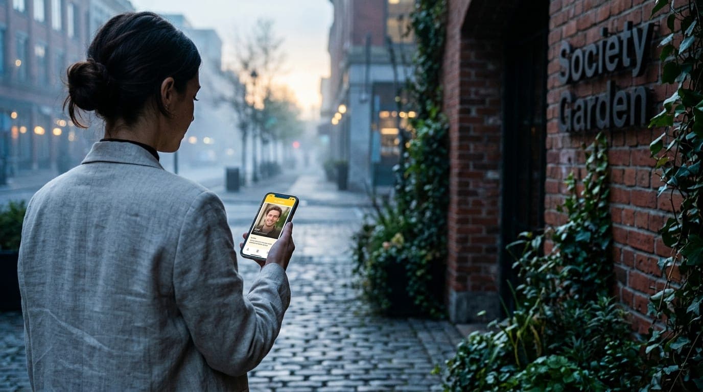 Over-the-shoulder view of a woman in a linen blazer, holding a smartphone showing a Bumble profile. She stands at a brick-...