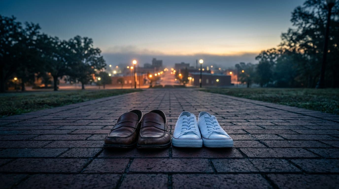 Low-angle hero shot, 24mm wide-angle, midnight ambient. A pair of worn leather loafers and clean white sneakers stand side...