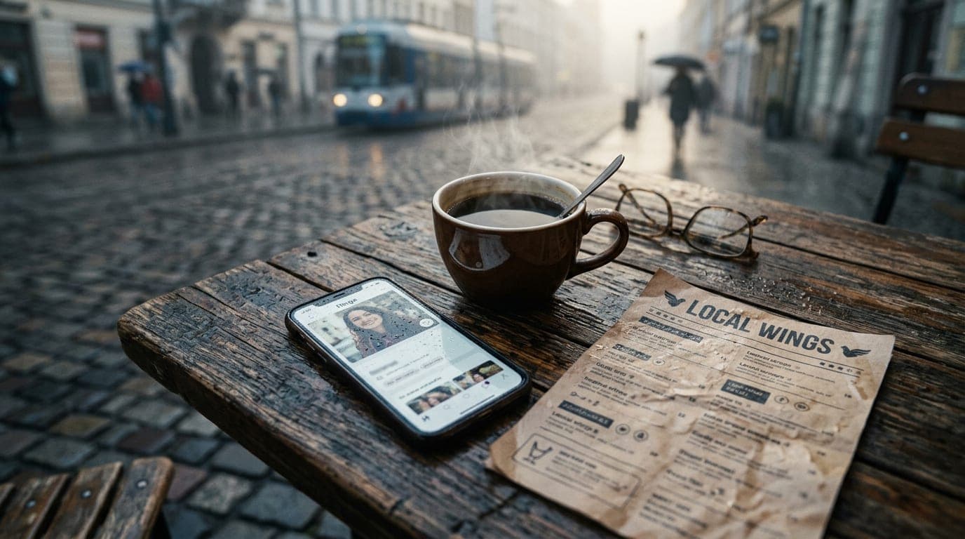 An overhead flat-lay on a weathered wooden cafe table features a steaming mug of black coffee, a rain-dusted smartphone sh...