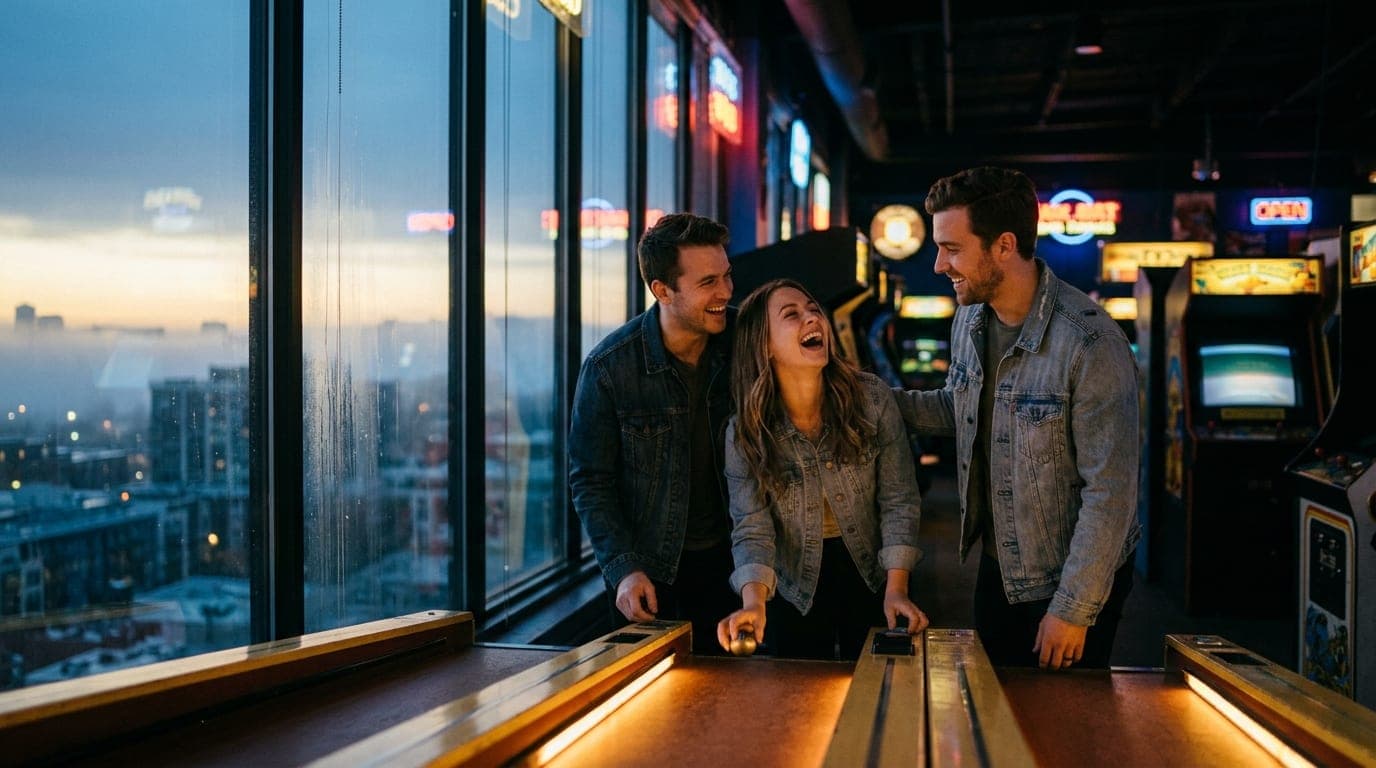 A couple in casual denim jackets laughs while playing Skee-Ball at a glowing arcade, captured from a wide, low-angle 35mm...
